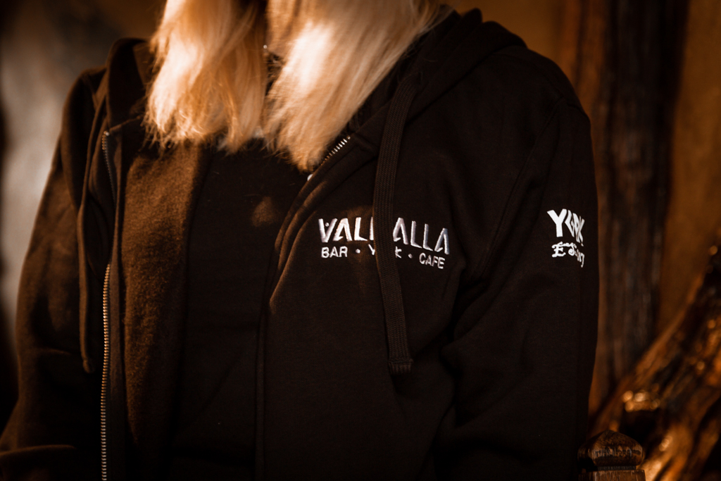 Valhalla hoodie worn by model, front