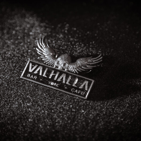 Valhalla pin badge product shot, close up