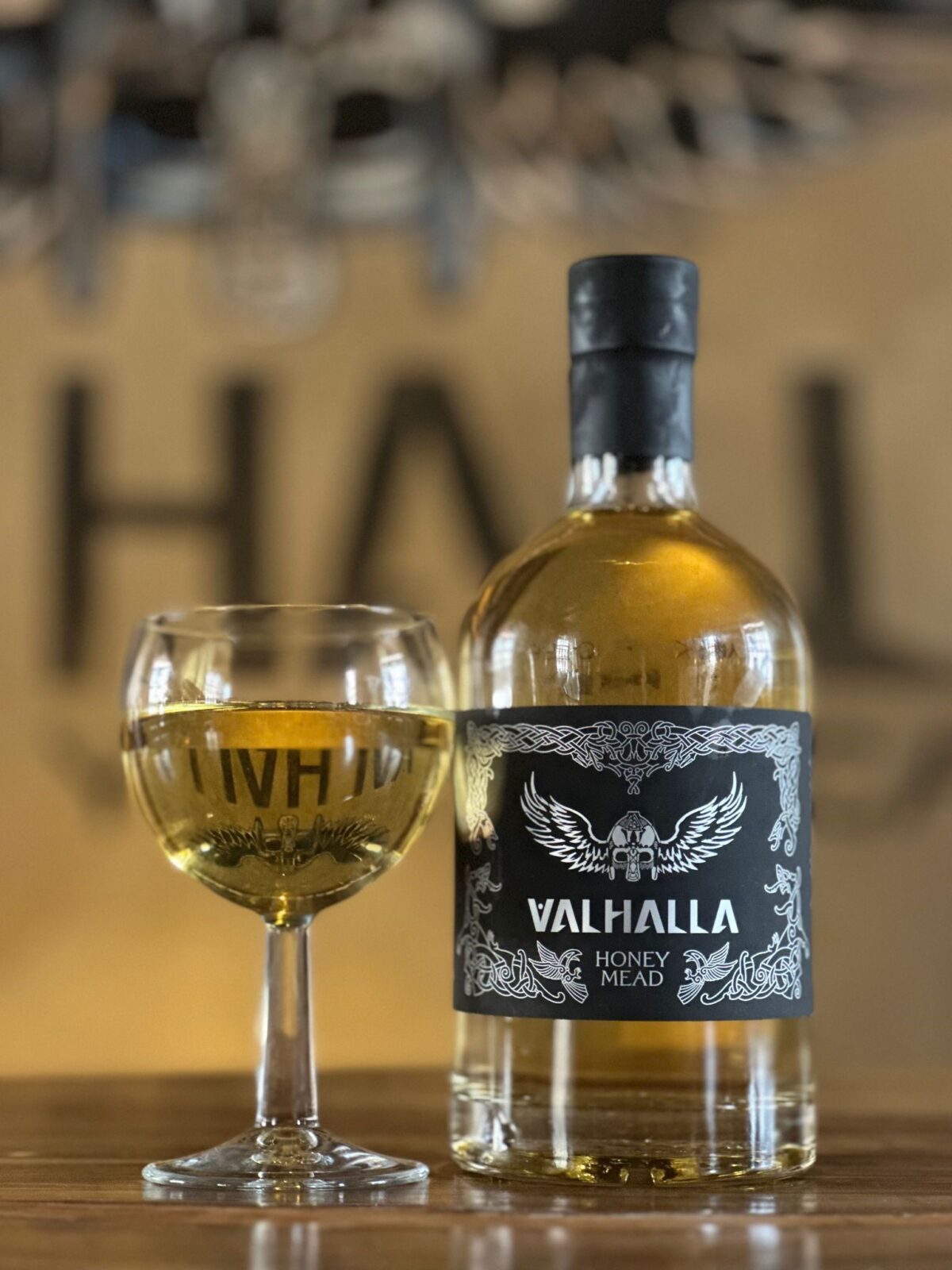 Valhalla honey mead bottle and glass