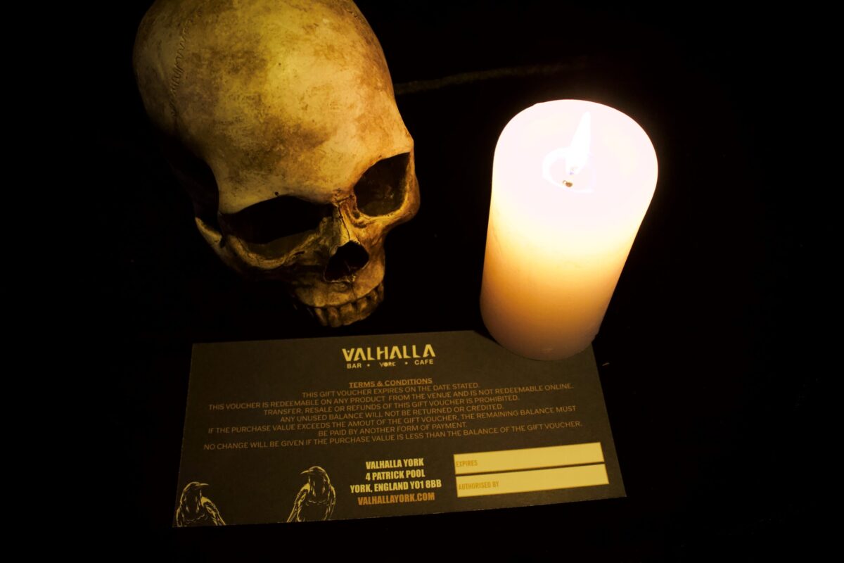 Valhalla gift certificate with skull and candle