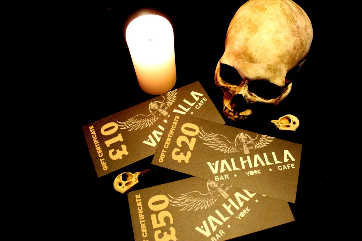 Valhalla gift certificates with skull and candle